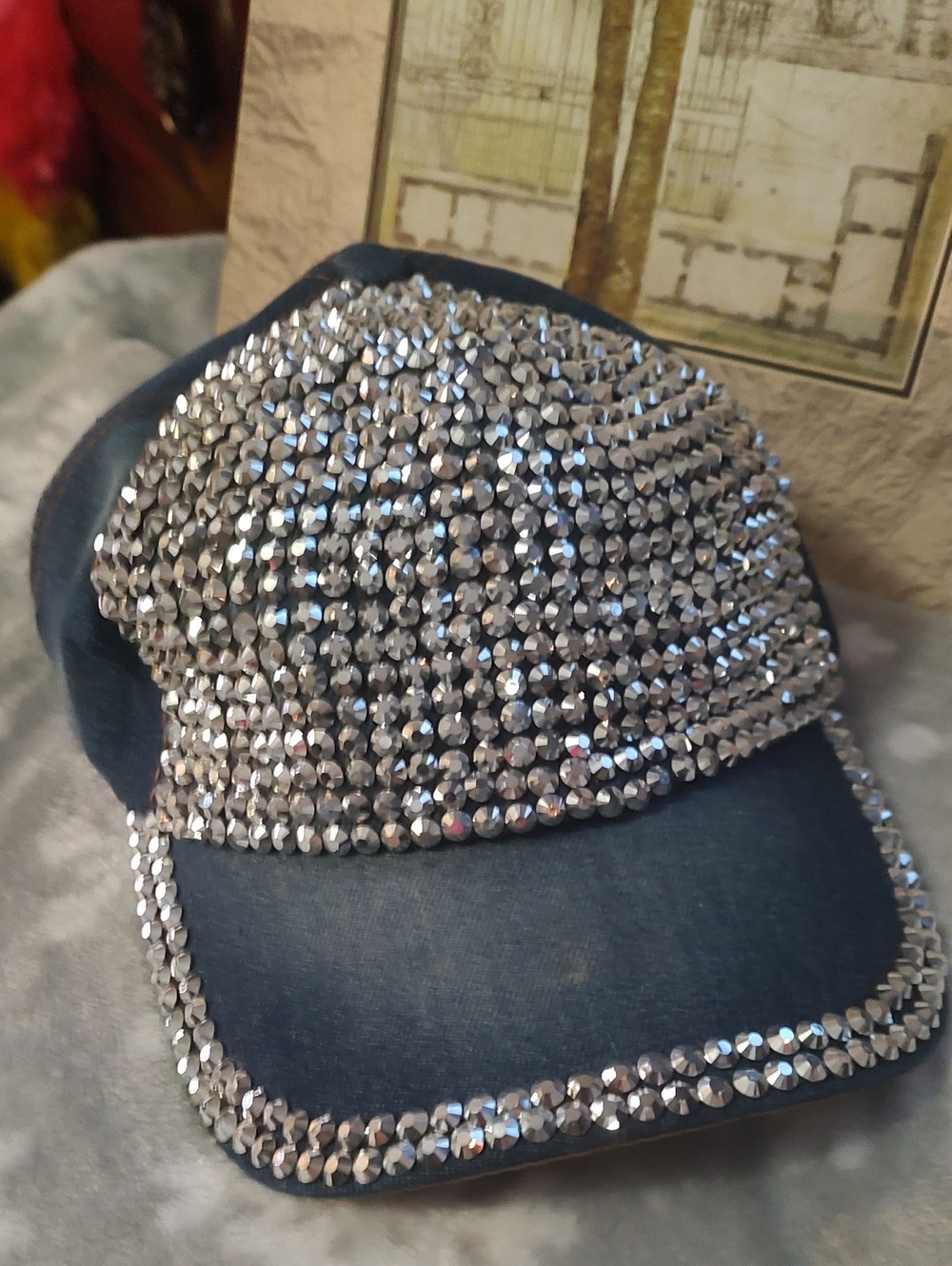 Men's Embellished Black Baseball Cap with Silver Rhinestones